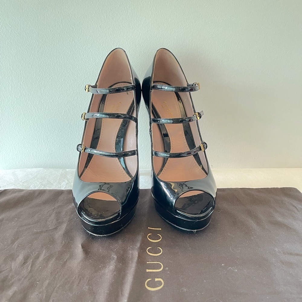 Gucci Lisbeth black patent peep toe pump 38.5 - Picture 2 of 6